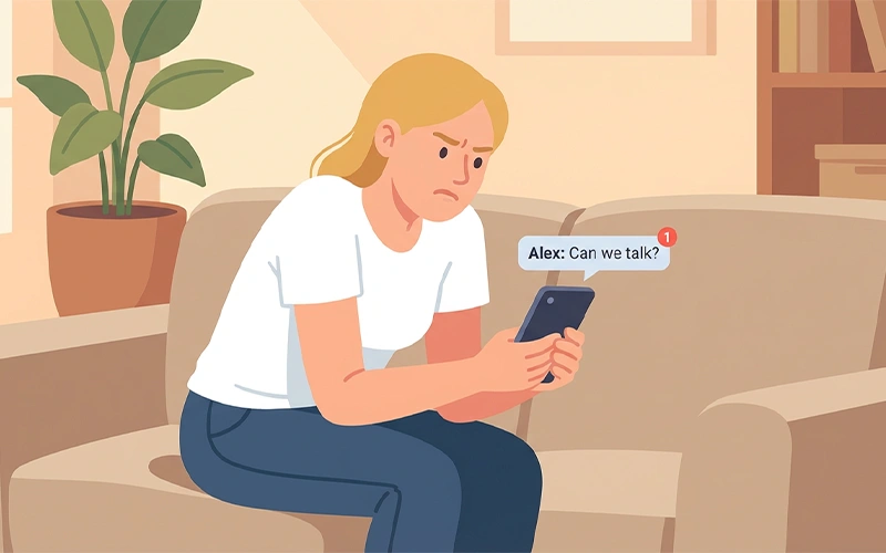Illustration showing a person feeling anxious and overthinking in a relationship setting